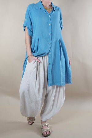 Made in Italy Noa Linen Blend Peasant Shirt Tunic Sea Blue